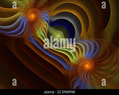 Farbige abstrakte fraktale kosmische Runde und Linien auf schwarz Stockfoto