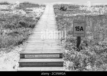 Langer Holzsteg zum Strand in Amgansett, NY Stockfoto