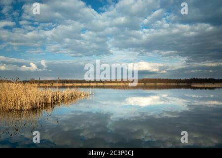 Wolken spiegeln sich in der ruhigen Oberfläche des Sees, sonniger Frühlingstag Stockfoto