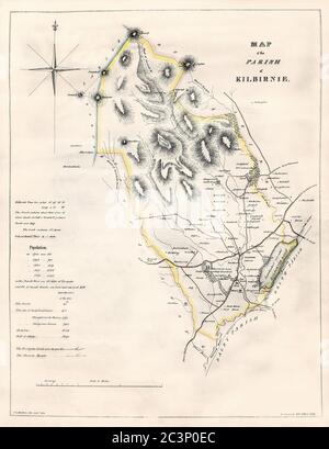 Historische Karte, datiert 1828, zeigt die Gemeinde Kilbirnie, Ayrshire, Schottland, einschließlich Details der Bevölkerung und Landbewertungen, Großbritannien Stockfoto