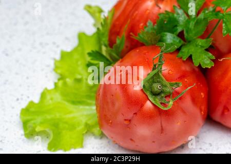 Set Gemüse für Salat, gesundes Esskonzept. Drei Tomaten und ein Zweig Petersilie liegen auf frischen Salatblättern Stockfoto