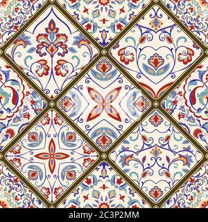 Nahtlos farbiges Patchwork. Vintage-Multicolor-Muster im türkischen Stil. Handgezeichneter Hintergrund. Islam, Arabisch, Indisch, Ottomane Motive Stockfoto