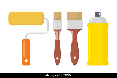 Malwerkzeuge Set. Werkzeuge für verschiedene Malmethoden. Farbrolle, Pinsel, Sprühfarbe. Vektor-flache Abbildung, isoliert Stock Vektor