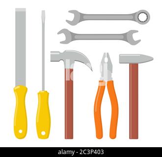 Sammlung von Arbeitswerkzeugen. Reparatur- und Bauwerkzeuge Icon Set. Hammer, Zange, Feile, Schraubendreher, Schraubenschlüssel. Vektorgrafik flach Stock Vektor