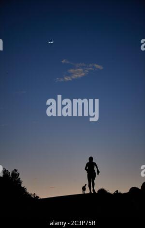 Silhouette von Jogger und Hund auf dem Coetzenberg kurz vor Sonnenaufgang Stockfoto