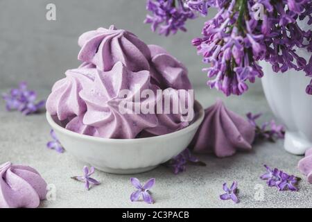 Lila Meringue Cookies mit lila Blumen in Vase auf Beton Hintergrund. Stillleben. Vintage-Toning. Künstlerische Aufnahme Stockfoto