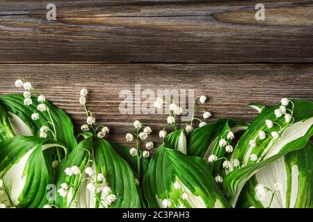 maiglöckchen Blumen auf rustikalem Holzhintergrund. Draufsicht mit Kopierraum. Flach liegend Stockfoto