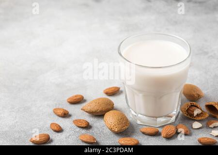 Mandelmilch in einem Glas mit Mandelnüssen auf Betongrund. Vegane milchfreie Pflanzenmilch. Nahaufnahme Stockfoto