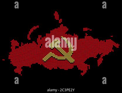 Stilisierte UdSSR-Karte mit Hammer und Sichel, kommunistisches Russland-Symbol. Pixel Art Stil Silhouette. Isolierte Vektordarstellung. Stock Vektor