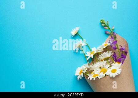 Bouquet von Kamille und Delphinium Blumen in Handwerk Geschenkpapier auf blauem Hintergrund. Draufsicht, Kopierbereich. Konzept Muttertag, Familientag, Vale Stockfoto