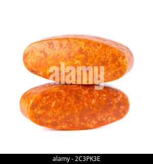 Zwei Pillen auf weißem Hintergrund isoliert. Nahrungsergänzungsmittel. Vitaminpräparate. Stockfoto