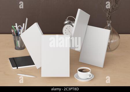 Leeres Buchcover, das im Büro über den Schreibtisch fliegt. Vorder-, Rücken- und Rückeinband. 3d-Illustration Stockfoto