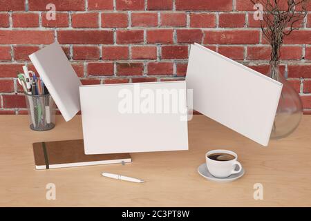 Horizontale leere Buchhülle Modell fliegen über Schreibtisch im Büro-Arbeitsplatz. Vorder-, Rücken- und Rückeinband. 3d-Illustration Stockfoto