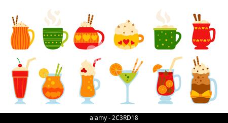 Trinken Sommer flach Set. Cartoon verschiedene Getränke heiß und frisch. Süße Becher Kakao, Kaffee Milch, Sahne und Glühwein, Alkohol. Party Getränke dekoriert Süßigkeiten, Marshmallow. Isolierte Vektordarstellung Stock Vektor