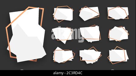 Abstraktes polygonales geometrisches weißes Banner mit roségoldfarbenem Linienrahmen. Leere Vorlage für jedes Design, Kartentext. Luxus dekoratives modernes Polyeder Rahmenelement. Isolierte Vektordarstellung Stock Vektor