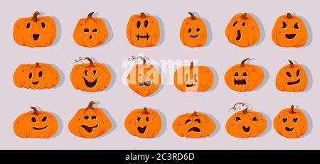 Halloween Kürbisse Papier geschnitten Set. Verschiedene Formen Squash mit geschnitzten niedlichen Gesichtern Emotion. Schild gruselig lustig niedlich schneiden Kürbis Lächeln. Dekor für Oktober Horror Party Einladung. Vektorgrafik Stock Vektor