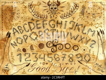 Ouija spirituelles Board Design mit Alphabet, Händen und magischen Siegeln auf Papierhintergrund. Esoterische, okkulte und heilige Geometrie Illustration mit mystischem A Stockfoto