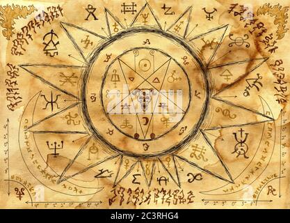 Ouija Spirituelles Brettdesign mit Alchemie-Singen und Pentakel auf altem Papierhintergrund. Esoterische und okkulte Illustration mit mystischen und gotischen Symbolen. Stockfoto