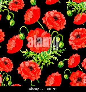 Nahtloses Muster mit roter Mohnblume auf schwarzem Hintergrund. Aquarell handbemalte botanische Illustration mit floralen Elementen für Stoff Textil des Stockfoto