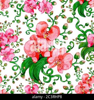 Nahtloses Muster mit rosa Orchideenblüte auf weißem Hintergrund. Aquarell handbemalte botanische Illustration mit floralen Elementen für Stoff Textil d Stockfoto