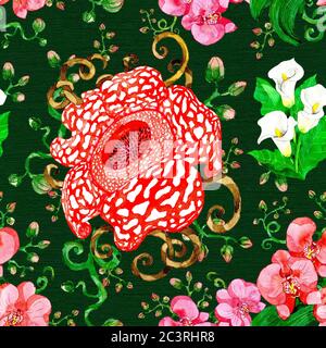 Nahtloses Muster mit rafflesia, Calla und Orhid auf grünem Hintergrund. Aquarell handbemalte botanische Illustration mit floralen Elementen für Textil Stockfoto