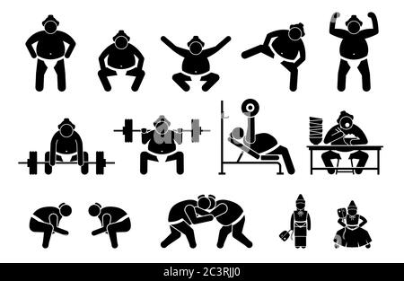Japanische Sumo Wrestler Symbole Piktogramm. Einfache Set-Symbole Cliparts zeigen Sumo Wrestler stehende Position, hocken, Bein heben, Fitness-Studio-Training, Essen, Stock Vektor
