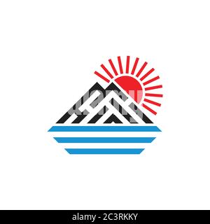 Bergsonne und Seestreifen zeilenförmig mit Kunst-Logo-Vektor Stock Vektor