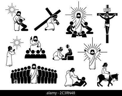 Jesus Christus Stick Figur, Ikonen und Piktogramm. Illustrationen von Jesus Christus mit Menschen, Kreuz, Kreuzigung, Beten, Anbetung, Opfer, Lehre d Stock Vektor