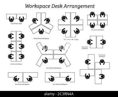 Tischanordnung im Büro und Unternehmen. Piktogrammsymbole zeigen die Draufsicht auf die Tischanordnung und Sitzmöglichkeiten für Büromitarbeiter, Mitarbeiter, Stock Vektor