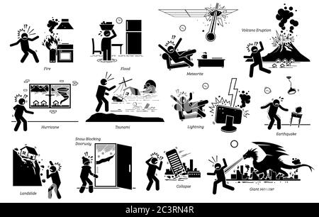 Naturkatastrophen, die Haus und Stadt Symbole zerstören. Vektor-Illustration von Feuer Katastrophe, Flut, Meteorit, Vulkan, Hurrikan, Tsunami, Blitz, EA Stock Vektor