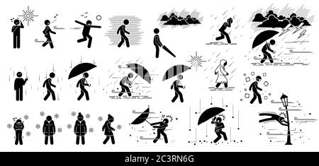 Menschen reagieren auf Wetterbedingungen und Klima in Strichmännchen Piktogrammsymbolen. Wetter sind heißer sonniger Tag, windig, starker Wind, neblig, regnet, thund Stock Vektor
