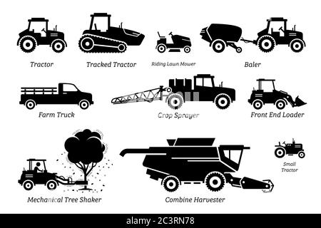 Liste der landwirtschaftlichen landwirtschaftlichen Fahrzeuge, Traktoren, LKW und Maschinen. Abbildungen zeigen Traktor, Rasenmäher, Ballenpresse, Landfahrzeug, Feldspritze, vorn Stock Vektor