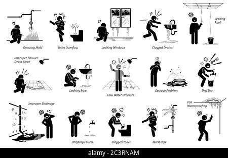 Wasser undicht Problem und Klempnerproblem im Haus Haus Gebäude. Vektor-Illustrationen von verschiedenen Liste Art der Sanitär-Problem auf Rohr, WC, Wasserhahn, s Stock Vektor