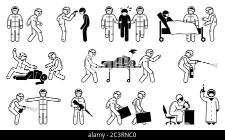 Medizinische Gesundheit Arbeitnehmer in Gefahrgut Anzug Kontrolle Virus Coronavirus Ausbruch. Vektor-Kunstwerk des Gesundheitsarbeiters trägt Gefahrgut Anzug Scannen und chec Stock Vektor