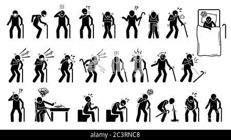 Kranker alter Mann mit Krankheitszeichen und Symptomen infiziert. Vektor-Illustrationen Symbole von älteren alten Mann mit Krankheit und Krankheit, die Symptome und sy Stock Vektor
