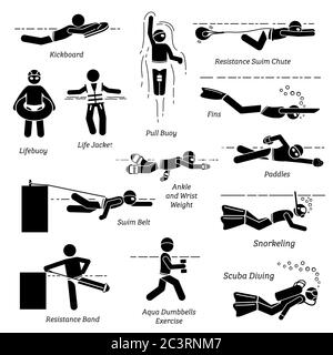 Schwimmer mit Schwimmausrüstung, Werkzeuge und Ausrüstung für das Training in Stick Figur Piktogramm Symbole. Eine Reihe von grafischen Abbildungen zeigen Trainingsgeräte, Stock Vektor