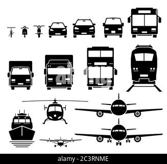 Vorderansicht der Boden-, Luft- und Wasserfahrzeuge Symbole Set. Vektor von Fahrrad, Motorrad, Auto, SUV, van, Bus, LKW, LKW, Doppeldecker Stock Vektor