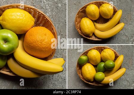 Collage von bunten Früchten in Korbkorb auf grauer Betonoberfläche Stockfoto