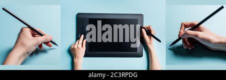 Collage von Mann mit Grafik-Tablet und halten Farbstift auf blauem Hintergrund Stockfoto