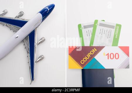 Collage aus Spielzeug Flugzeug und Gutschein auf Pass mit Flugtickets auf weißem Hintergrund Stockfoto