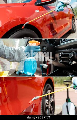 Collage mit Spezialist in Gefahrgut-Anzug Reinigung Auto mit Desinfektionsmittel Spray während Coronavirus Pandemie Stockfoto