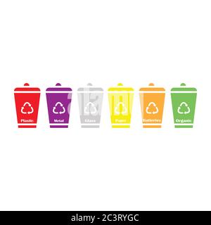 Mülltonnen Vektor flache Illustrationen. Müll wird sortiert. Ökologie und Recycling-Konzept. Abfallbehälter isoliert lat Design Vektor Illustration isoliert Stock Vektor