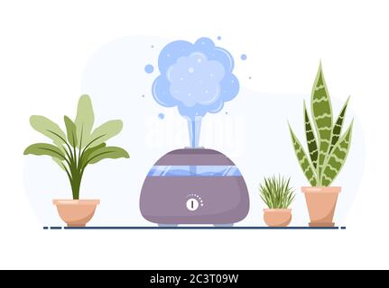 Luftbefeuchter mit Haustpflanzen. Geräte für zu Hause oder im Büro. Ultraschall-Luftreiniger im Innenraum. Reinigungs- und Befeuchtungsgerät. Moderner Vektor Stock Vektor