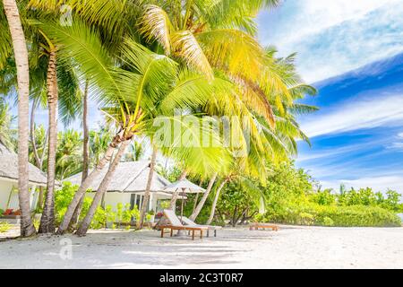 Luxus Resort Strand mit Liegen Sonnenschirm auf Malediven Insel, weißer Sandstrand und Meer, Palmen auf Sommerlandschaft Strand Hintergrund. Stockfoto