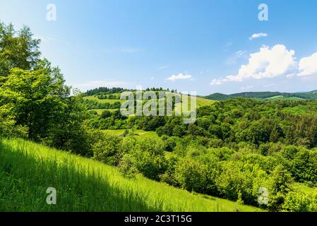 Schöne Frühlingszim Biele Karpaty Berge in der Nähe von Vrsatske Podhradie Dorf in der Slowakei mit Hügeln von einer Mischung aus Wiesen und Wald und blauen Himmel bedeckt Stockfoto