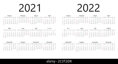 2021, 2022 Kalender, Woche beginnt Sonntag. Vektorgrafik, flache Ausführung. Stock Vektor