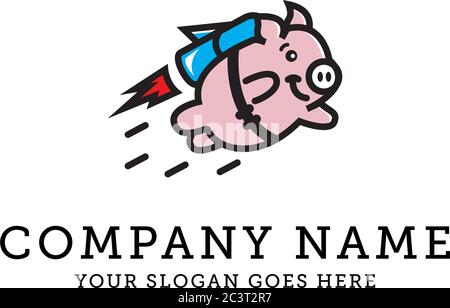 Schwein fliegen mit Rakete Logo Design, niedliche Schwein Cartoon Tier Tierpflege Vektor Illustration Stock Vektor