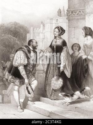 König Heinrich VIII. Von England Treffen mit Anne Boleyn. Nach einem Werk von Jules David aus dem 19. Jahrhundert. Stockfoto