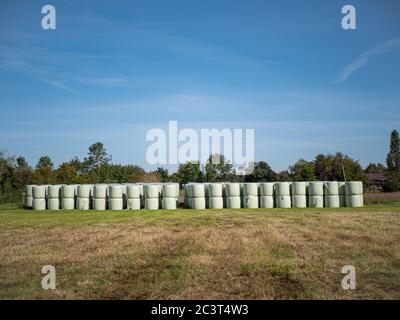 Runballs, Heuballen in Folie gewickelt und übereinander zur Lagerung gestapelt. Stockfoto