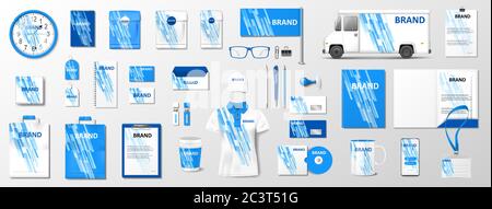 Corporate Identity Template mit klassischen blauen Farbelementen. Realistisches Business Stationery Spockup mit abstraktem geometrischem Design für Ihre Marke Stock Vektor